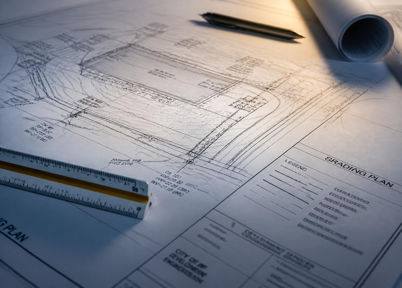 Civil engineering grading and servicing plans on a desk