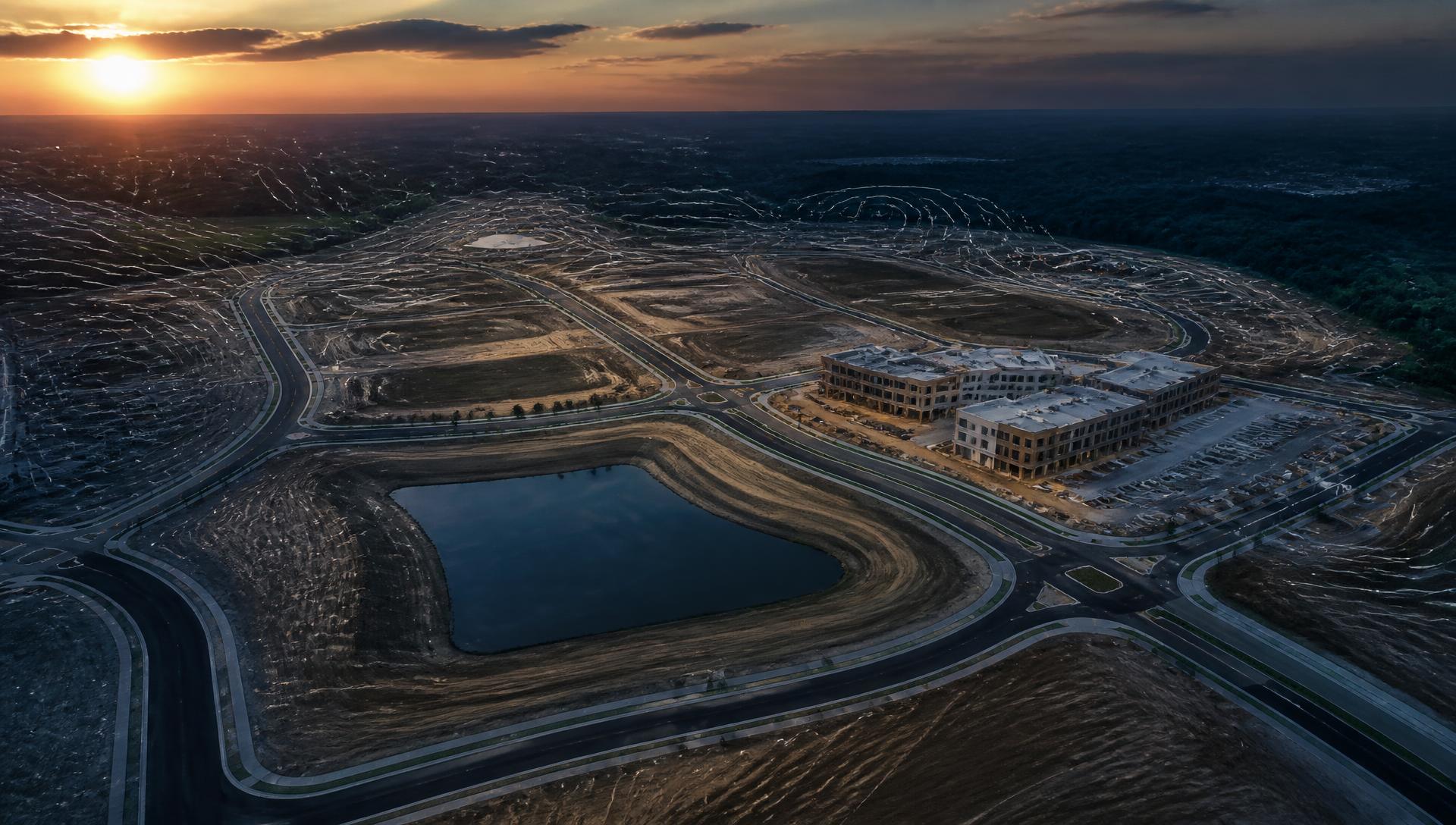 Aerial view of a modern land development with new roads and stormwater pond